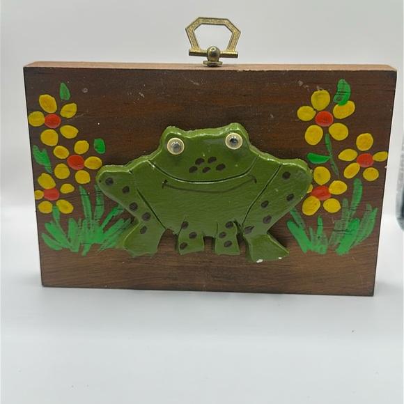 Hand Crafted Other - Wood Plaque Hand Painted Frog Wall Art Home Decor MCM Vintage Unique